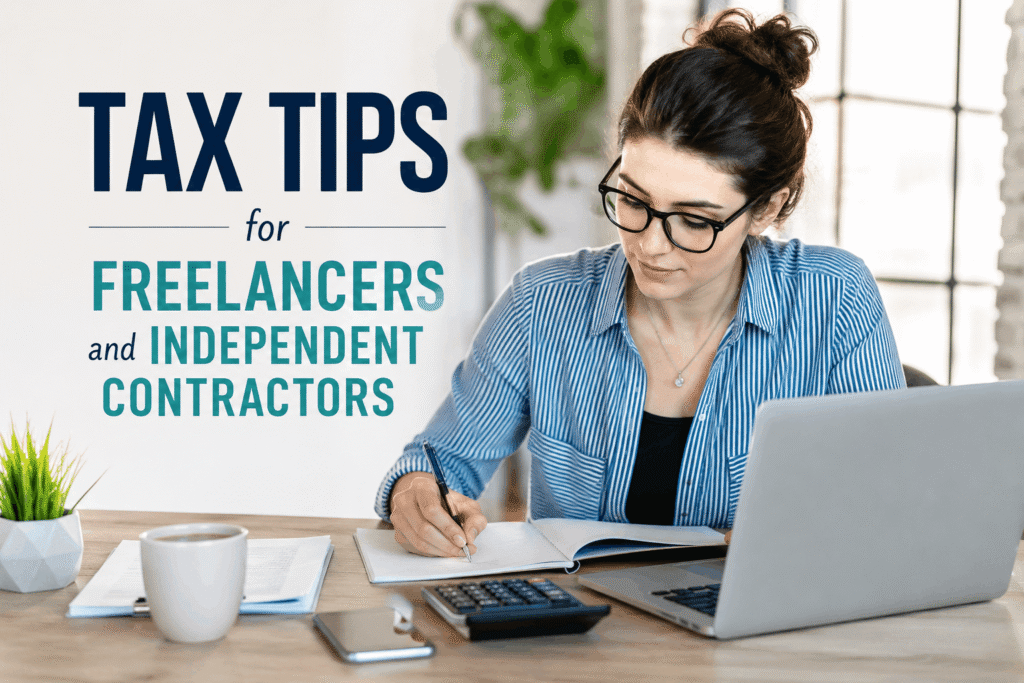 Freelancer managing finances and tax documents on a laptop
